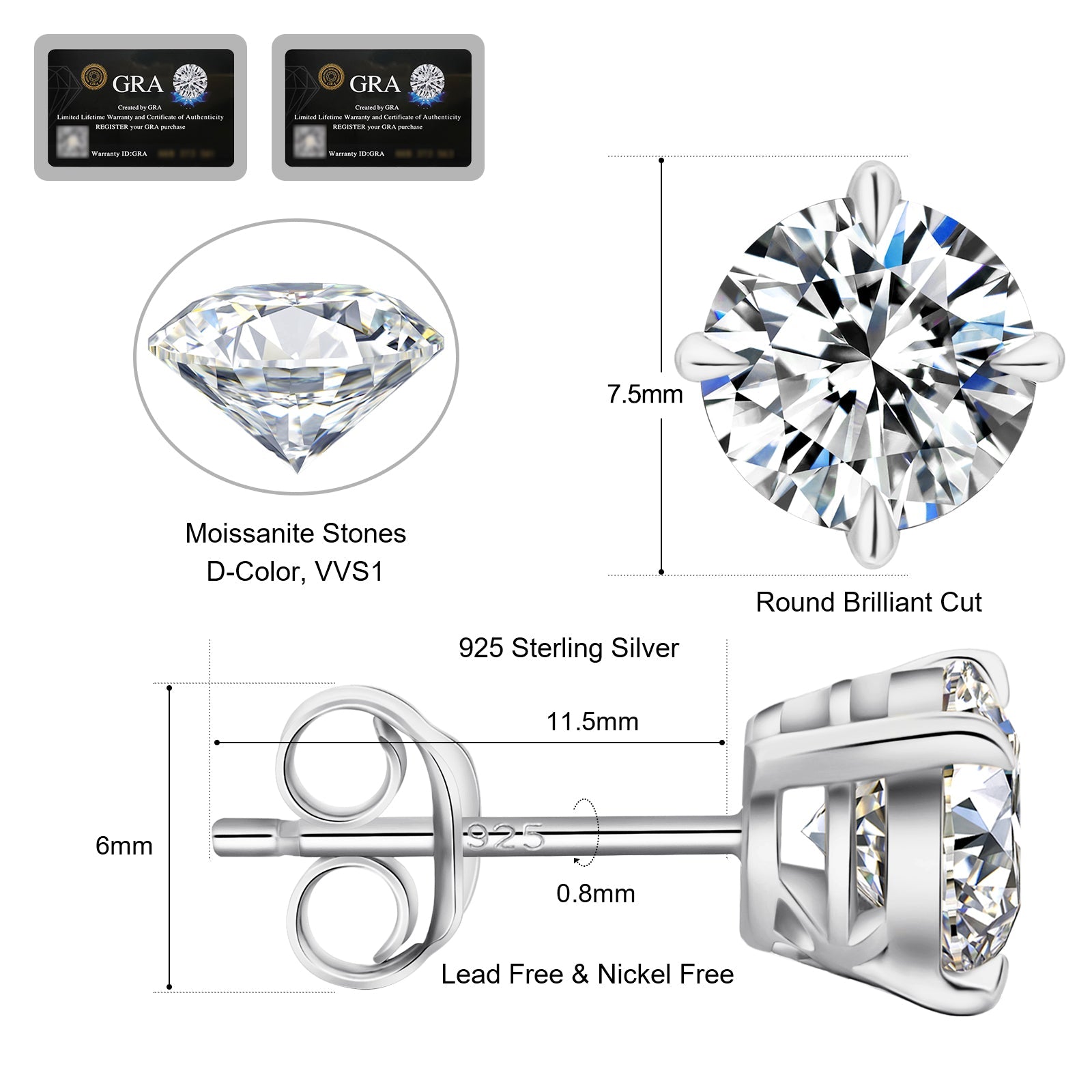 Orecchini da donna e uomo in argento 925 con moissanite 1ct - dettaglio pietra